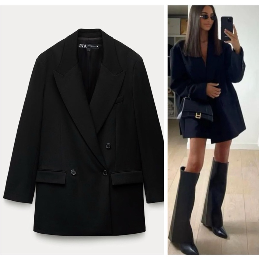 Zara Black Long Oversized double breasted Jacket Blazer Coat Size XS - S NWT
